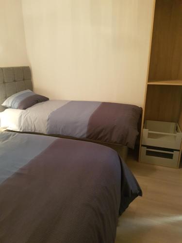 a bedroom with two beds and a book shelf at Portglenone Garden Rooms in Portglenone