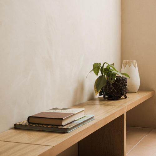a table with books and a potted plant on it at Casa Montore by Barrio Mexico in Guadalajara