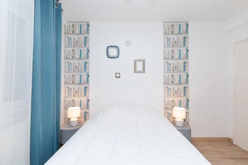 a bedroom with a bed with two lamps and bookshelves at Le Petit Clément - F2- 39m2 - Metz - Proche Gare et Centre Pompidou avec Parking Public in Metz