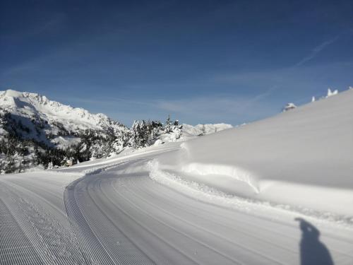 a skier is going down a snow covered road at Apartment "Casa Maya" in Mezzana
