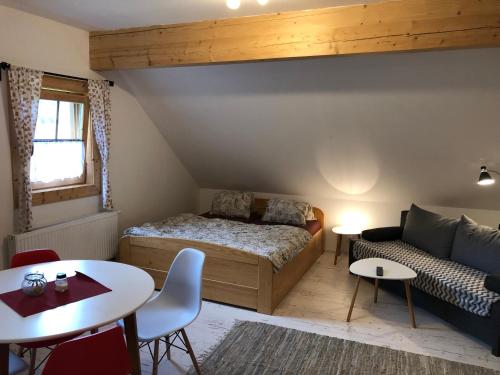 een slaapkamer met een bed, een bank en een tafel bij Apartmán U Setra in Pec pod Sněžkou