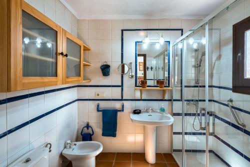 La salle de bains est pourvue d'un lavabo, d'une douche et de toilettes. dans l'établissement Villa Cortijo del Peñón, à Frigiliana