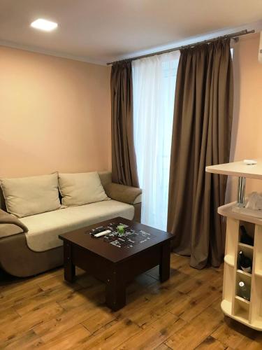 sala de estar con sofá y mesa de centro en уютная студия в Резине, en Rezina