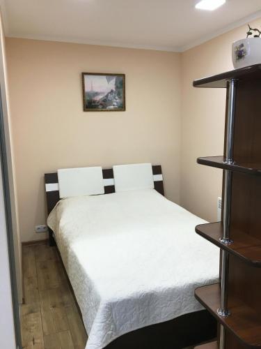 1 dormitorio con 1 cama blanca en una habitación en уютная студия в Резине, en Rezina