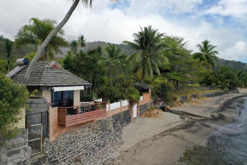 un bâtiment sur le côté d'une rivière avec des palmiers dans l'établissement AU FARE MOENAU, à Paea