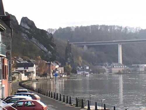 a group of cars parked next to a body of water at Les rives de Sax in Dinant