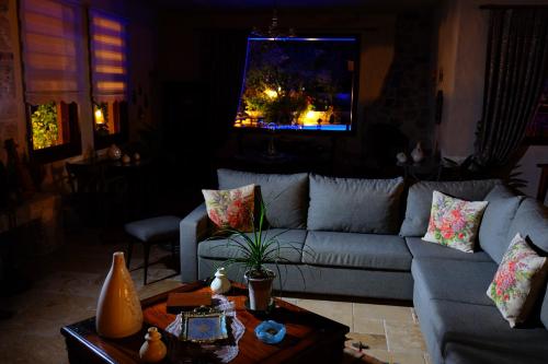 a living room with a couch and a table at Mandarin & Mango Boutique Hotel in Faralya
