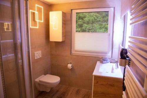 łazienka z toaletą, umywalką i oknem w obiekcie Ferienhaus Körnbachtal w mieście Finsterbergen