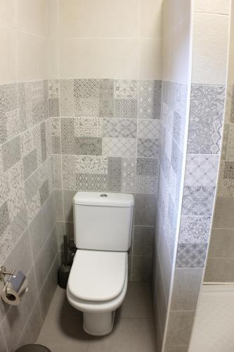 a bathroom with a toilet and a tiled wall at Apartamentos Finca Wapa in Frontera