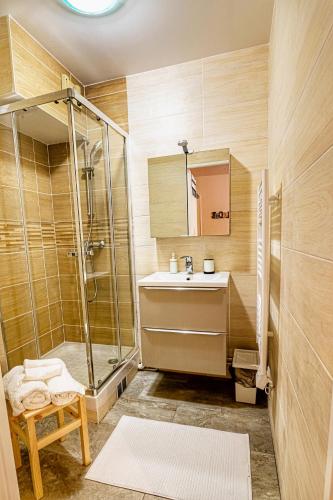 une salle de bain avec douche et lavabo dans l'établissement Sweet New Apartment Close to Disneyland Paris, à Thorigny-sur-Marne