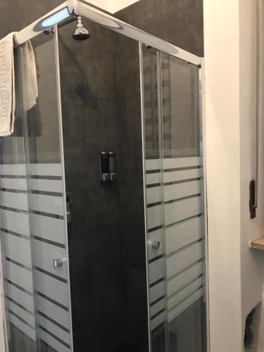 a shower with a glass door in a bathroom at HappyHome Monolocale Rivarolo Canavese in Rivarolo Canavese