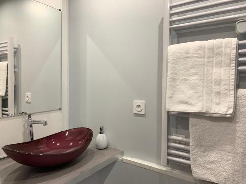 La salle de bains est pourvue d'un lavabo à bol rouge sur un comptoir. dans l'établissement Charmant Studio au cœur historique de Fréjus, à Fréjus