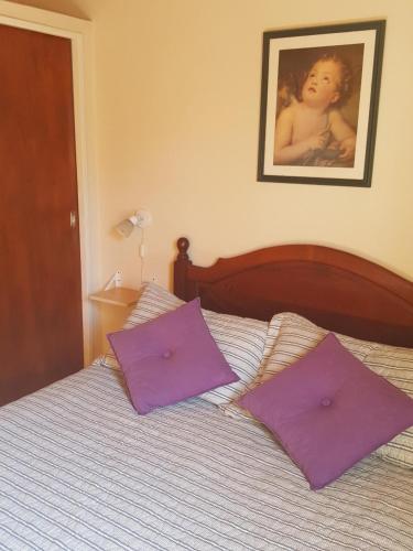 a bed with purple pillows and a picture on the wall at Pa-kuas del Uritorco in Capilla del Monte