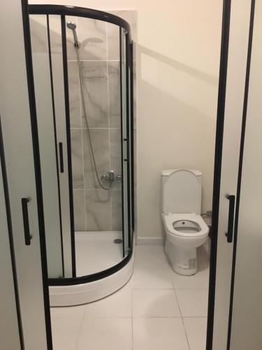 a bathroom with a shower and a toilet at Kalkedon Hostel in Istanbul