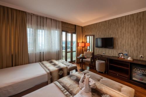イスタンブールにあるNova Plaza Boutique Hotel & Spaのベッド2台とテレビが備わるホテルルームです。