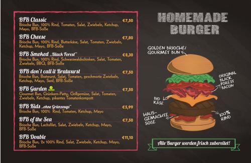 a menu for a hamburger burger on a chalkboard at Gästehaus am Wasserpark in Rust