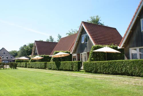 eine Reihe von Häusern mit Sonnenschirmen im Hof in der Unterkunft Eureka Vakantiehuisjes in Schoorl