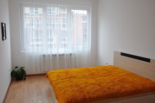ソフィアにあるOrpheus Apartmentのベッドルーム1室(ベッド1台に大きなオレンジの毛布付)