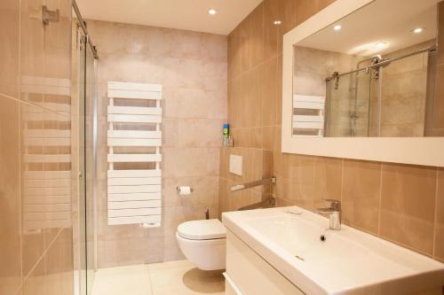 une salle de bain avec toilettes, lavabo et miroir dans l'établissement Modern two bedroom apartment with two bathrooms, just behind the CARLTON, à Cannes