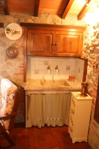 a kitchen with a sink and wooden cabinets at PODERE CAPANNE in Sinalunga