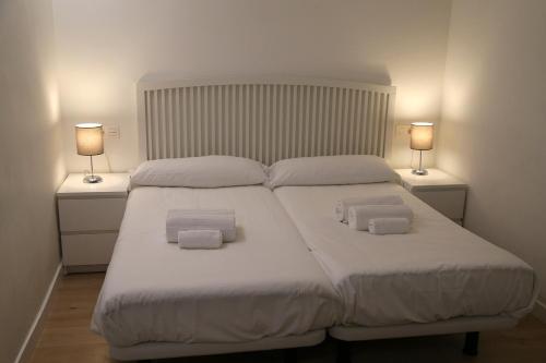 a bedroom with a large white bed with two lamps at Puente Romano by Salamancavacacional in Salamanca