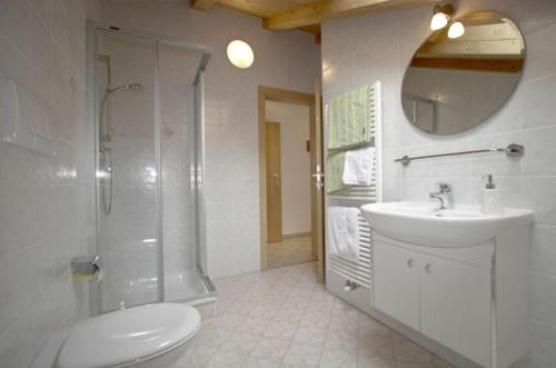 a bathroom with a shower and a toilet and a sink at Unterbi Apartments in Appiano sulla Strada del Vino