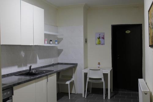 a kitchen with a sink and a table and a black door at Pension TV in Planá