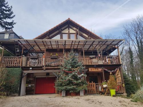 a large wooden house with a christmas tree in front of it at Le Nid Du Caveau in Ferrette