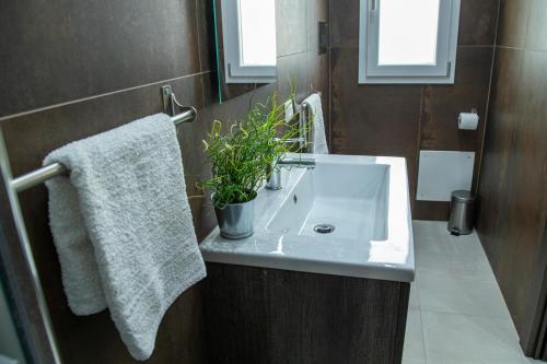 a bathroom with a sink and a potted plant at House Orlando in Sferracavallo