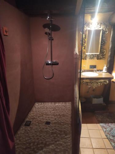 uma casa de banho com um chuveiro, um lavatório e um espelho. em Apartamento Al-Vivaque em Miranda del Castañar