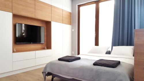 a bedroom with a bed and a tv on a wall at Julia Apartments Rakowicka - Old Town in Krakow