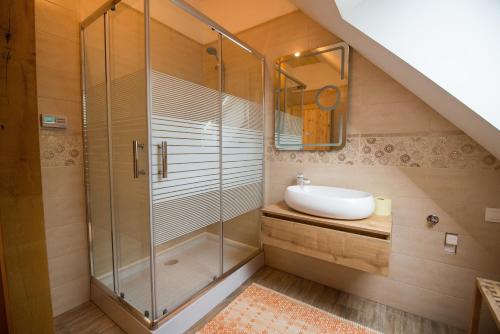 La salle de bains est pourvue d'une douche et d'un lavabo. dans l'établissement Vineyard cottage Škatlar 3, à Otočec