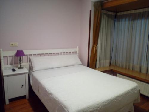 a bedroom with a white bed and a window at Hostal Álvarez in Oviedo
