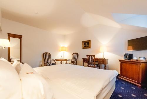 a hotel room with a bed and a tv at Historische Spitzgrundmühle in Coswig
