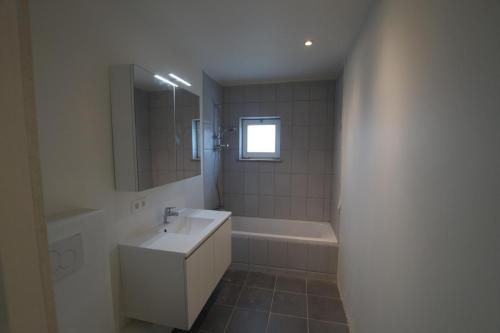 a bathroom with a sink and a tub and a mirror at Oostduinkerke Apartments in Oostduinkerke