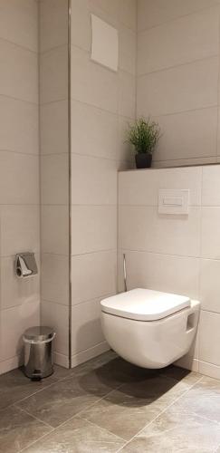 a white toilet in a bathroom with a plant at Gasthaus Pension Hörner in Moos
