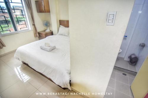 a bedroom with a white bed and a shower at Nachelle Homestay in Berastagi
