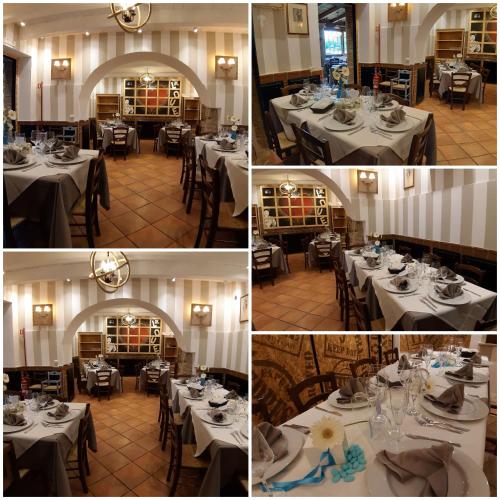 a group of four pictures of a restaurant with tables at locanda della pacchiana in San Salvatore Telesino