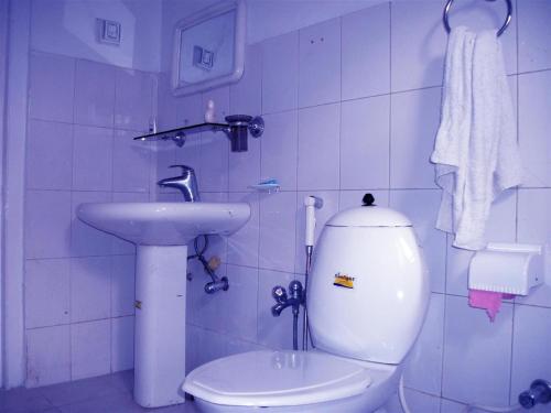 a white bathroom with a toilet and a sink at Hotel Dewanekhas Skardu in Skardu