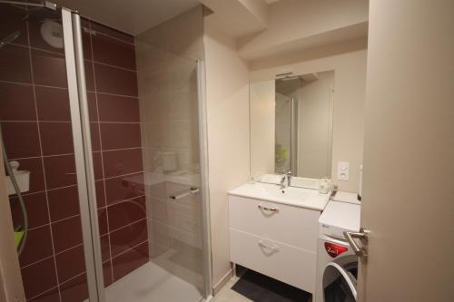 uma casa de banho com um chuveiro, um lavatório e um espelho. em D5 - Résidence La Montille em Le Mont-Dore