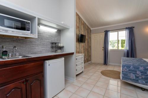 a kitchen with a sink and a microwave at South Coast Horizon in Curtain Bluff
