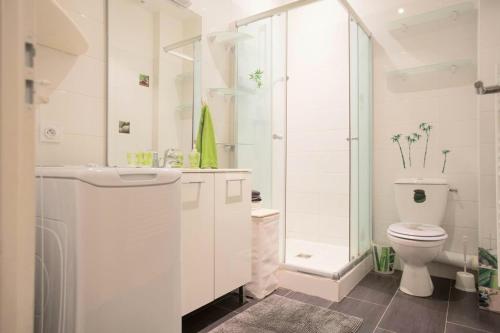 een witte badkamer met toilet en douche bij Location F3 Fontenay-Aux-Roses in Fontenay-aux-Roses