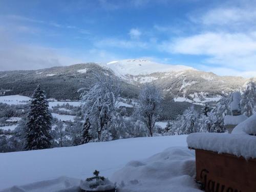 a view of a snow covered mountain with trees and mountains at Zur Alpenruhe in Seeboden