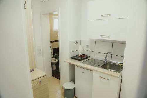 a small white kitchen with a sink and a toilet at Apartmani Pause in Niš