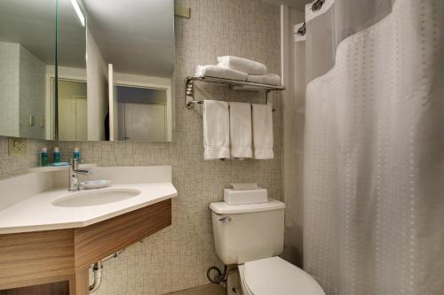 a bathroom with a toilet and a sink and a mirror at Holiday Inn Express Poughkeepsie by IHG in Poughkeepsie