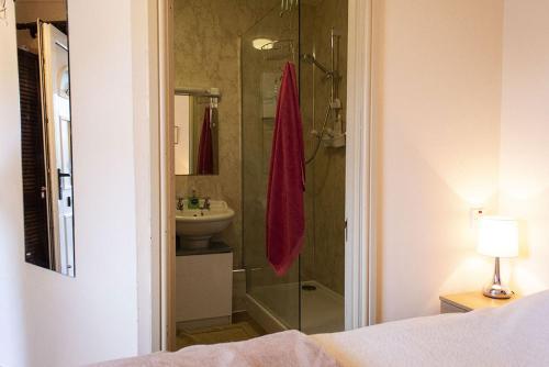 a bathroom with a shower and a toilet and a sink at Manor Farm Bed & Breakfast in Gillamoor