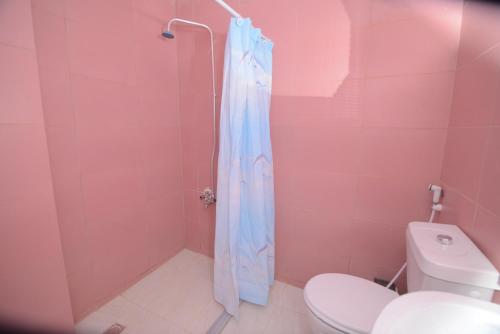 a pink bathroom with a shower and a toilet at Petra Lion Hotel in Wadi Musa