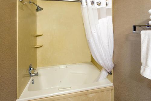 a bathroom with a bath tub with a shower curtain at Holiday Inn Express Roseburg by IHG in Roseburg