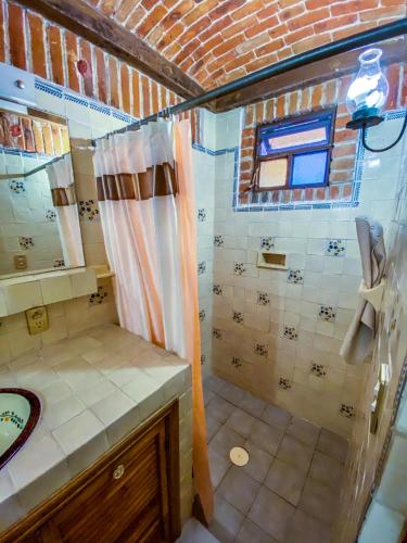 a small bathroom with a shower and a sink at Suites Paraiso Tequis in Tequisquiapan