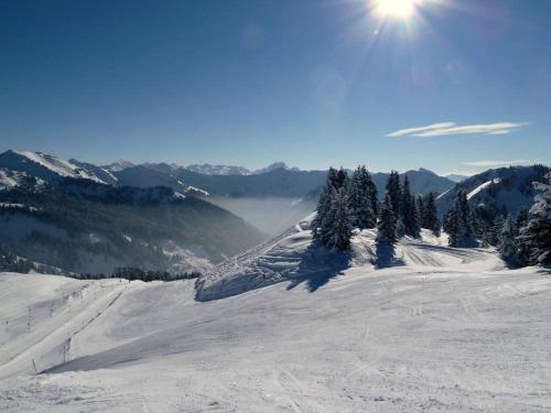 a snow covered mountain with the sun in the sky at Haus Matt in Laterns